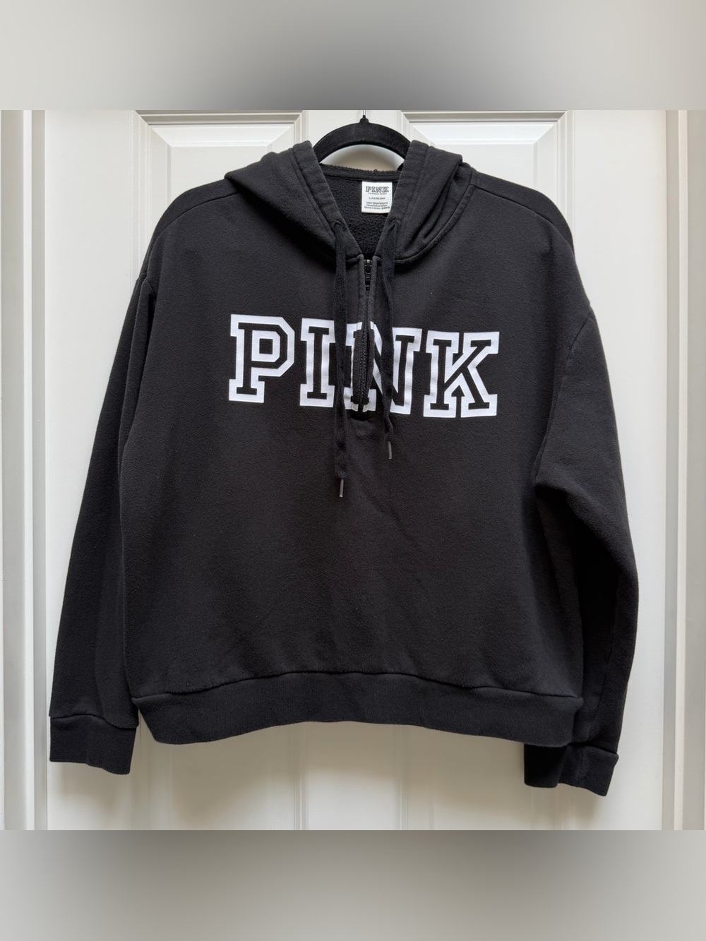 PINK VICTORIAS SECRET 1/2 ZIP PULLOVER HOODED SWEATSHIRT LOGO BLACK LARGE